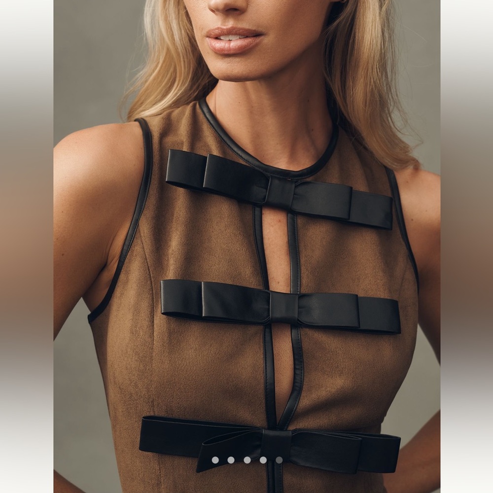 Anthropologie Flat White Faux-Suede Sleeveless Leather Bow-Trim Mini Dress - Picture 3 of 15